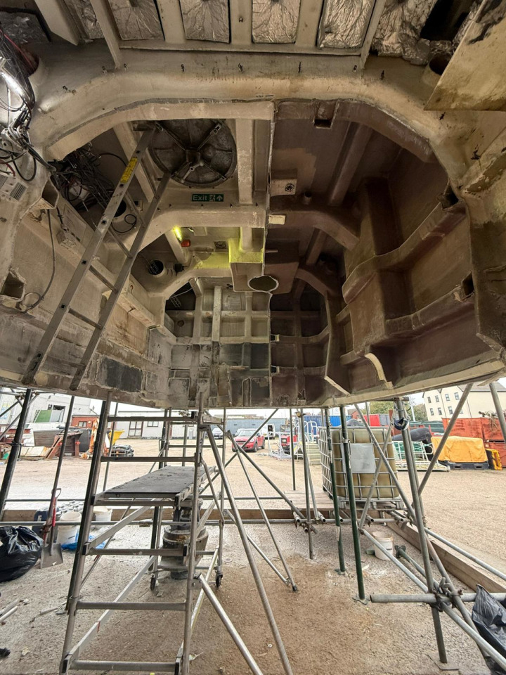 Port engine room fibreglass removed in preparation for framework